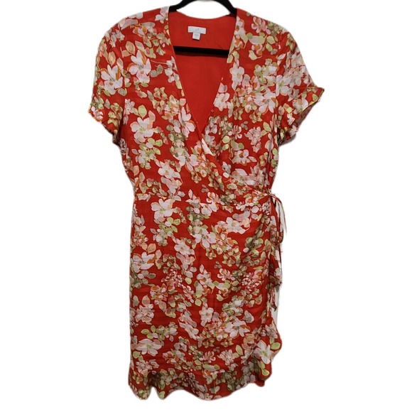 J. Jill Dresses J Jill Orange Floral Wrap Dress Spring Cottage Core Womens Size Medium